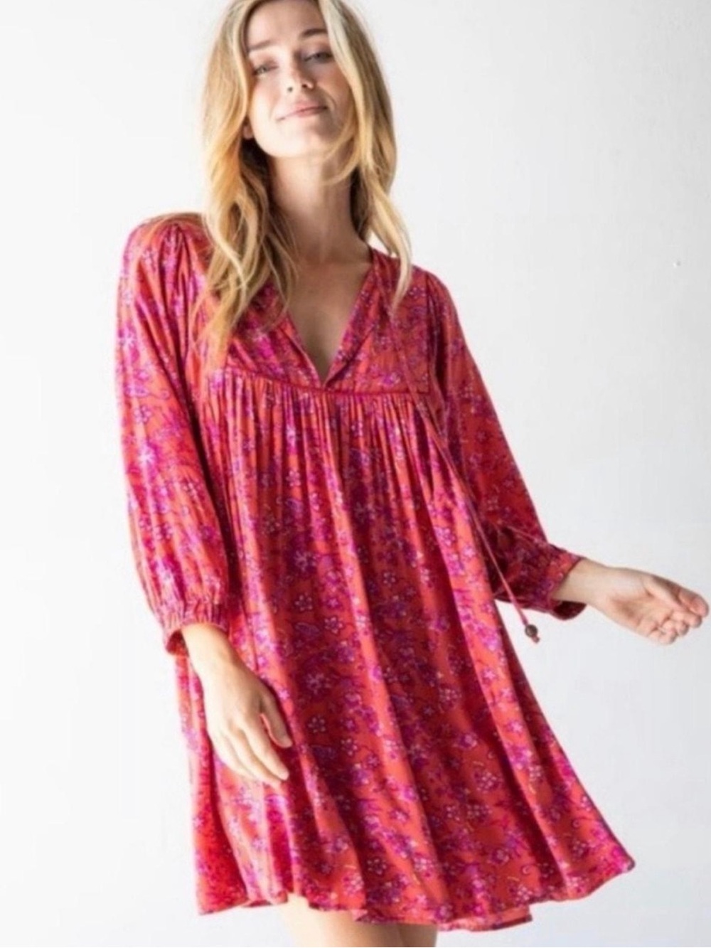 Natural Life Bohemian Rose Mini Dress Rust Purple Floral Babydoll XL
